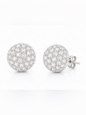 Silver Crystal Pave Stud Dome Earrings Rhinestone Round 0.56”